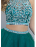 Tulle Beaded Halter Keyhole Back Two Piece Knee Length Prom Dress 